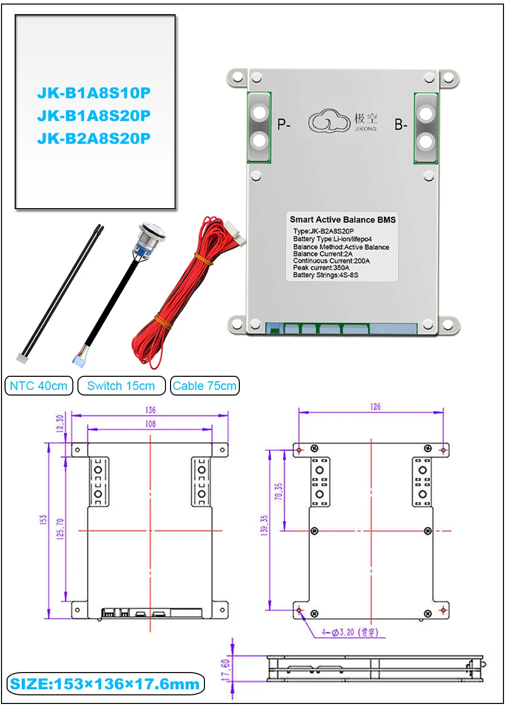 Batteria intelligente BMS B2A8S20P-HC 4~ 8S 200A 2A Bilanciatore attivo intelligente 4 LFP Ioni di litio RS485 Serbatoio di energia termica BT