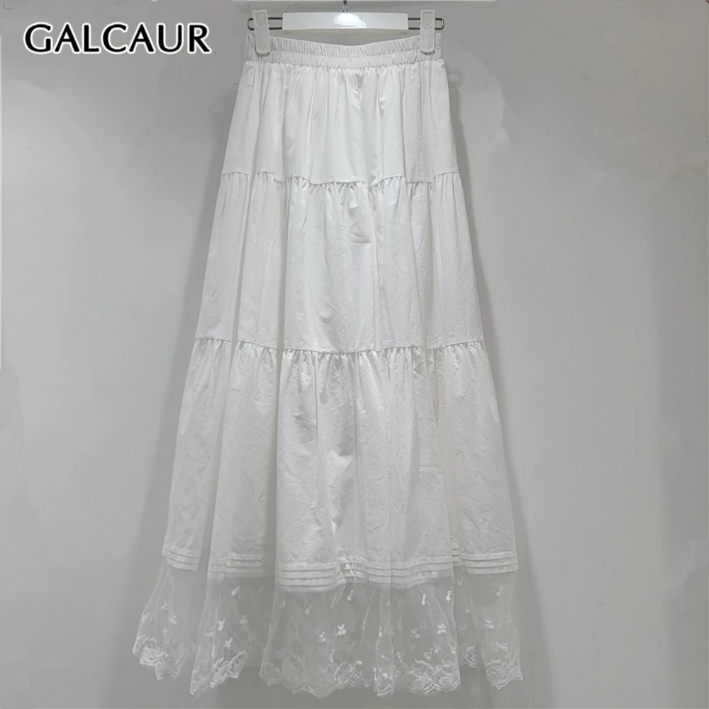 

Юбка GALCAUR белая, с кружевными вставками, элегантная, женская, с завышенной талией, свободного кроя, во французском стиле, нежная, длинная, осенняя, модная, новинка