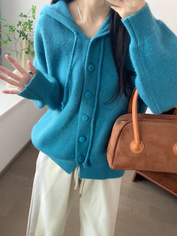 

Amyy Casual Versatile Hooded Knitwear Coat Women's Soft Plump Single Button Knitted Open Cardigan Autumn Winter New Arrival