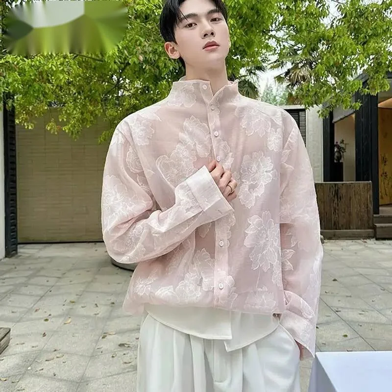 EFB Summer New Men's Sheer Shirt Pink Floral Jacquard Sun Protection Clothing Loose Long Sleeve Casual See-Through Top 9XC4KJ