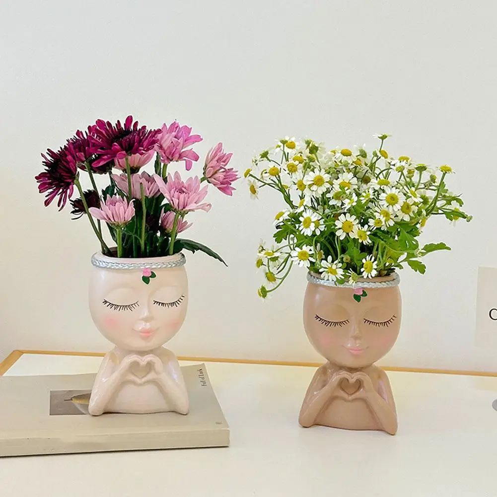 Resin Face Flower Pot with Drainage Hole Loving Little Girl Succulent Planter Gift Figure Art Statue Ornament Garden Supplies
