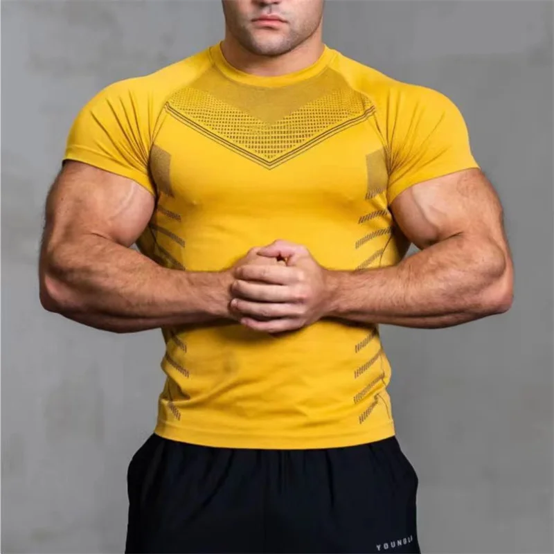 2025 Men Solid Color Sport T-shirt Summer New Gym Fitness Bodybuilding Male Workout Shirts Fashion Short Sleeves T-shirt Men Top