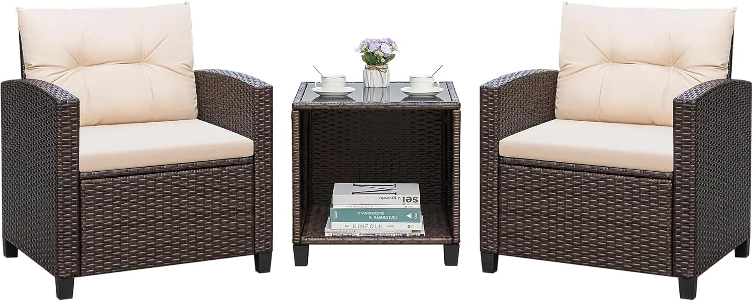 

3 Pieces Patio Furniture Sets Outdoor PE Rattan Wicker Chairs with Soft Cushion and Glass Coffee Table for Garden Backyard Porch