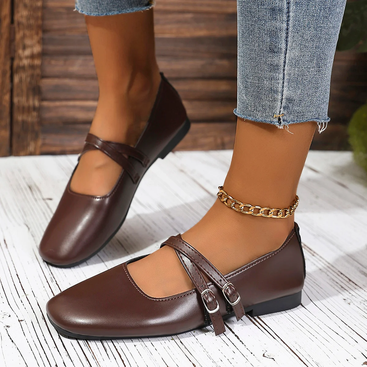 Zapatos Planos Mary Jane de Doble Correa para Mujer, Zapatos de Vestir con Hebilla y Punta Cuadrada, Zapatos de Ballet Casuales de Cuero Suave para Uso Diario