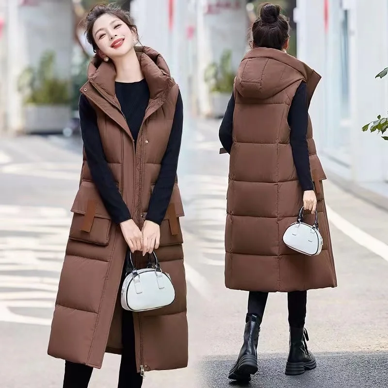 Winter New Fashion Hooded Down Cotton vest women\'s Long Warm Windproof Loose Casual Sleeveless Parkas Waistcoat Jacket Ladies