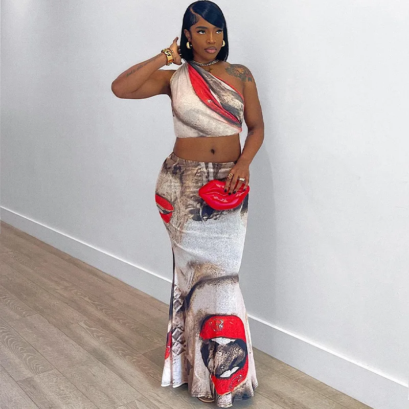 

Spring/Summer New Street Trendy Sexy Spicy Girl Printed Sleeveless Open Navel Back Women's Set Skirt