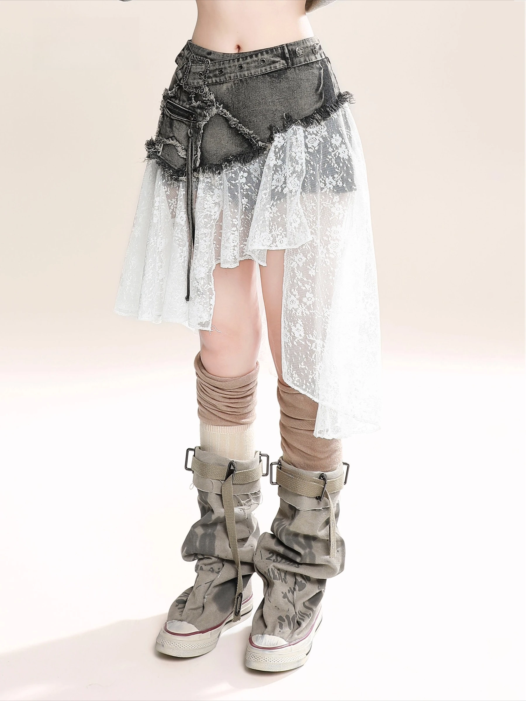 2025 verão novo estilo retro americano versátil preto cinza renda retalhos irregular angustiado lavado denim midi saia