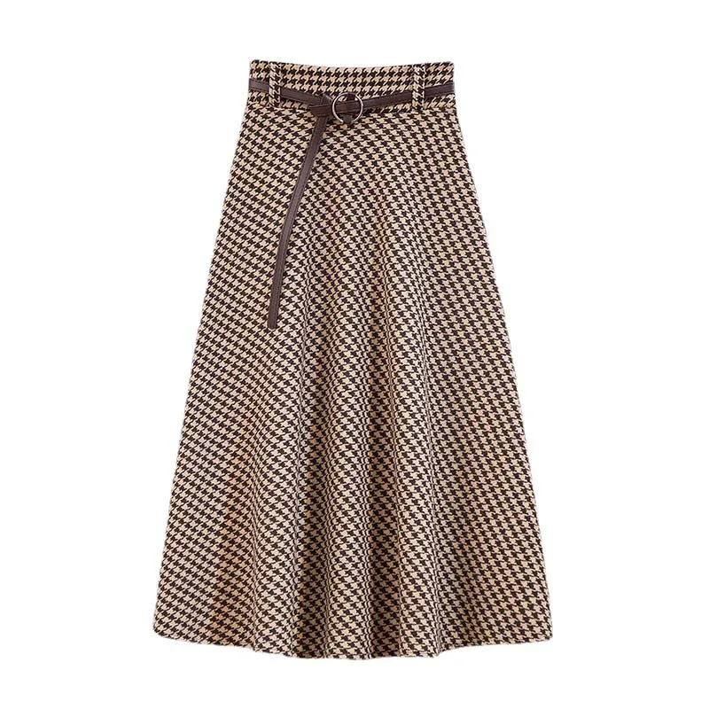 

New Fashion Geometric Plaid Graphic Skirt for Women Casual Vintage Office Skirts with Belt