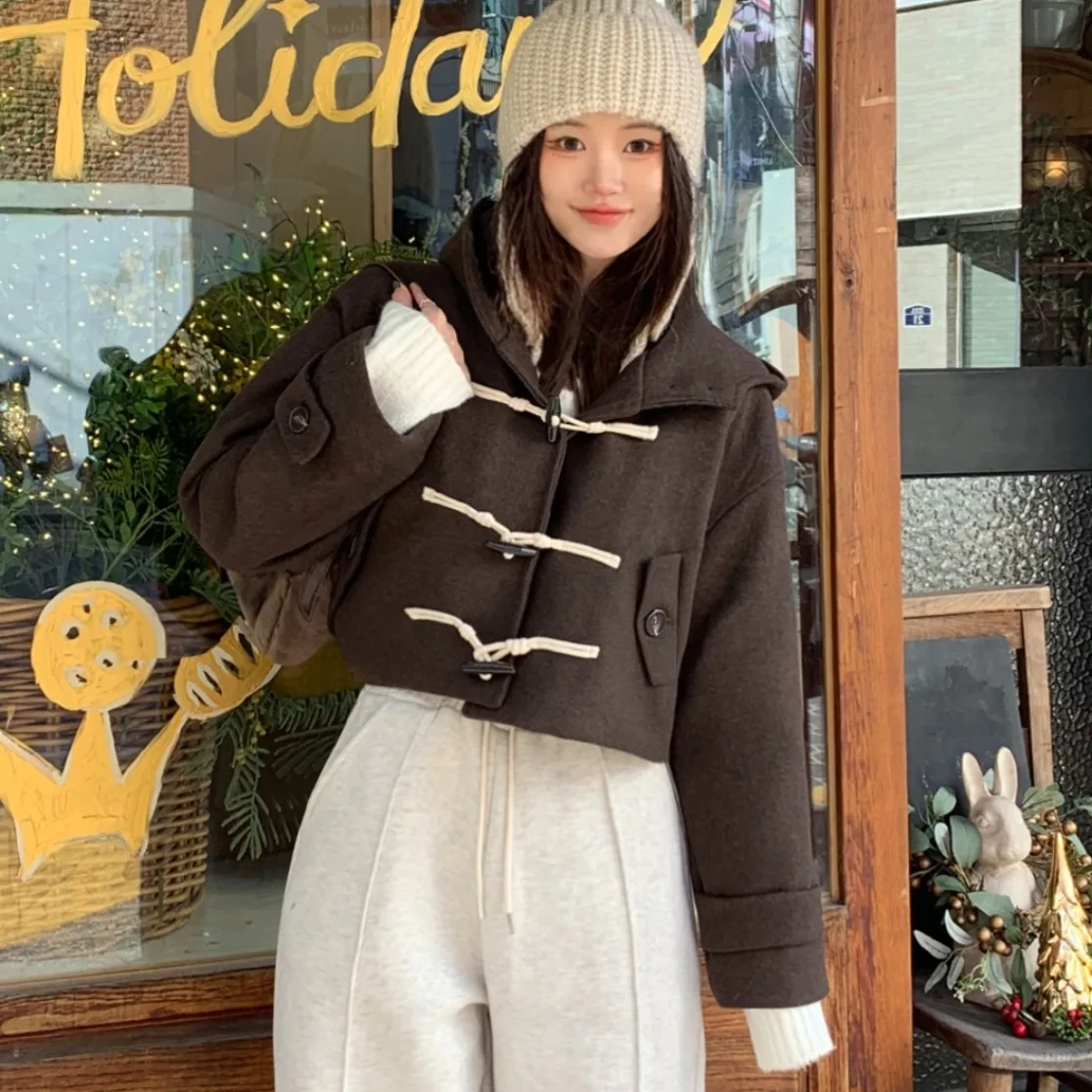 Dames Wollen Jaet Loose Fit Sweet Cool Sle Button Detail Capuchon ort Top East Gate Ins Retro Simple Faion