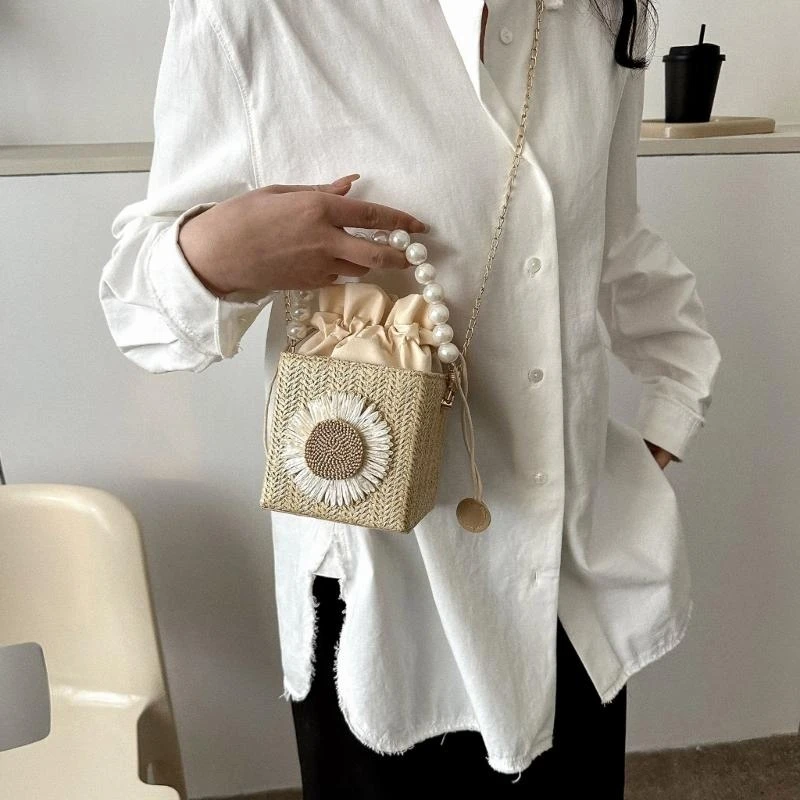 

A3PE Fashion Bucket Bag Shoulder Bags for Women Imitation Pearl Chain Handbags Small Tote Crossbody Bags Reusable Casual Bag