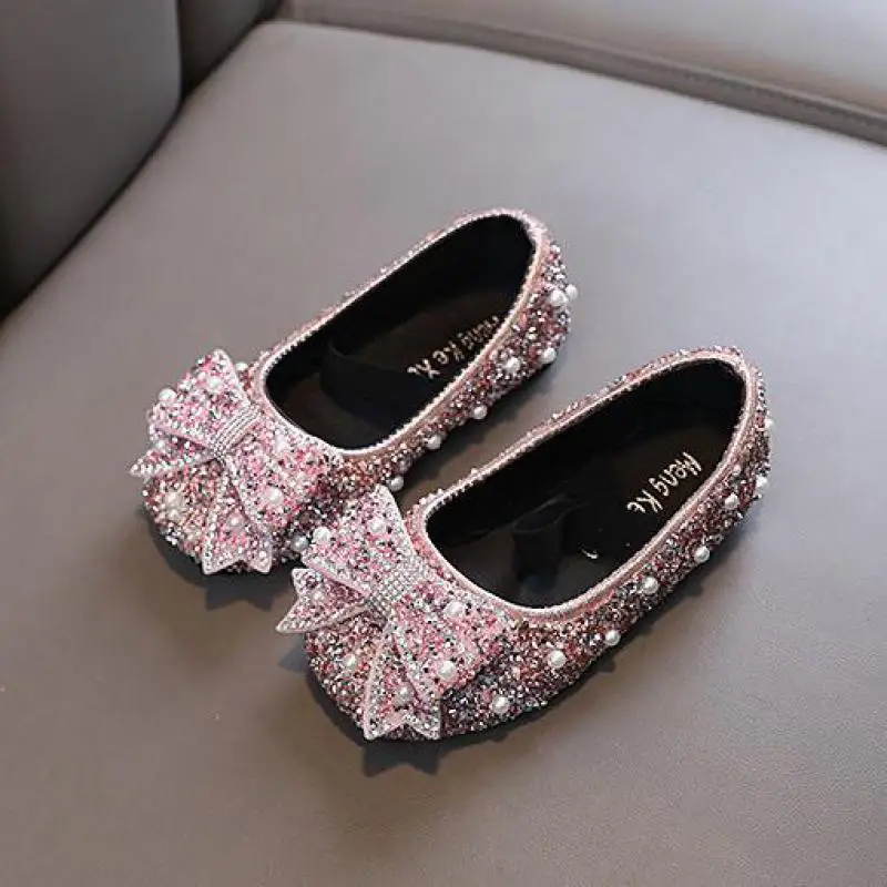 Girls Leather Shoes New Fashion Sequins Bling Bow Baby Girl Shoes Soft Bottom Kids Princess Party Dance Performance Shoes H791