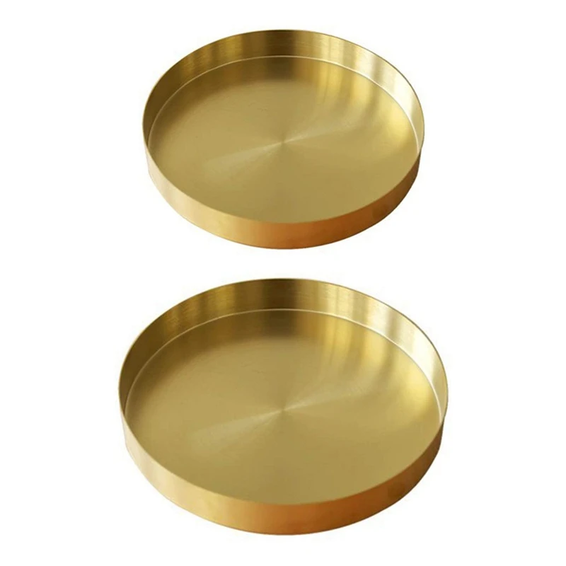 

2Pcs Round Gold Tray,Metal Decorative Makeup Tray Organizer For Vanity,Bathroom,Matte Brass Finish, 1.8 Inch & 7.9 Inch