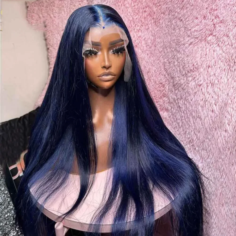 Wig renda dalam 26 inci lurus halus tanpa lem panjang dengan ketebalan 180 biru lembut untuk wanita dengan rambut bayi prepped harian