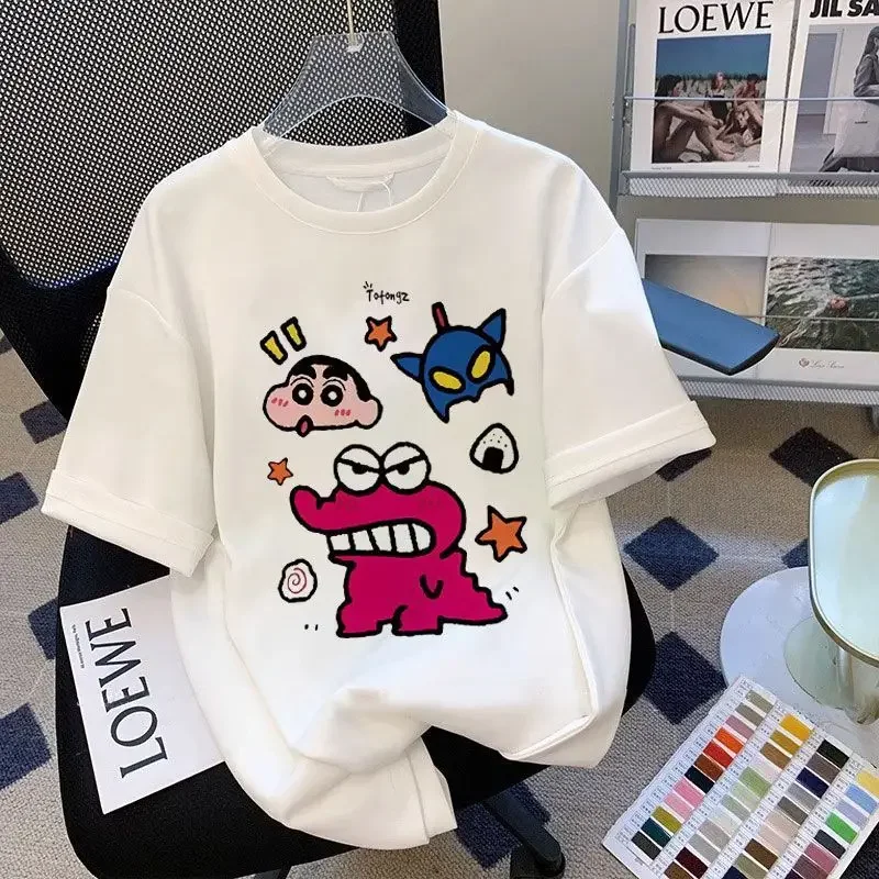 Camiseta de manga corta con estampado japonés de algodón puro 100% Crayon Shin Chan para mujer, novedad de verano, Top holgado Crayon Shin Chan