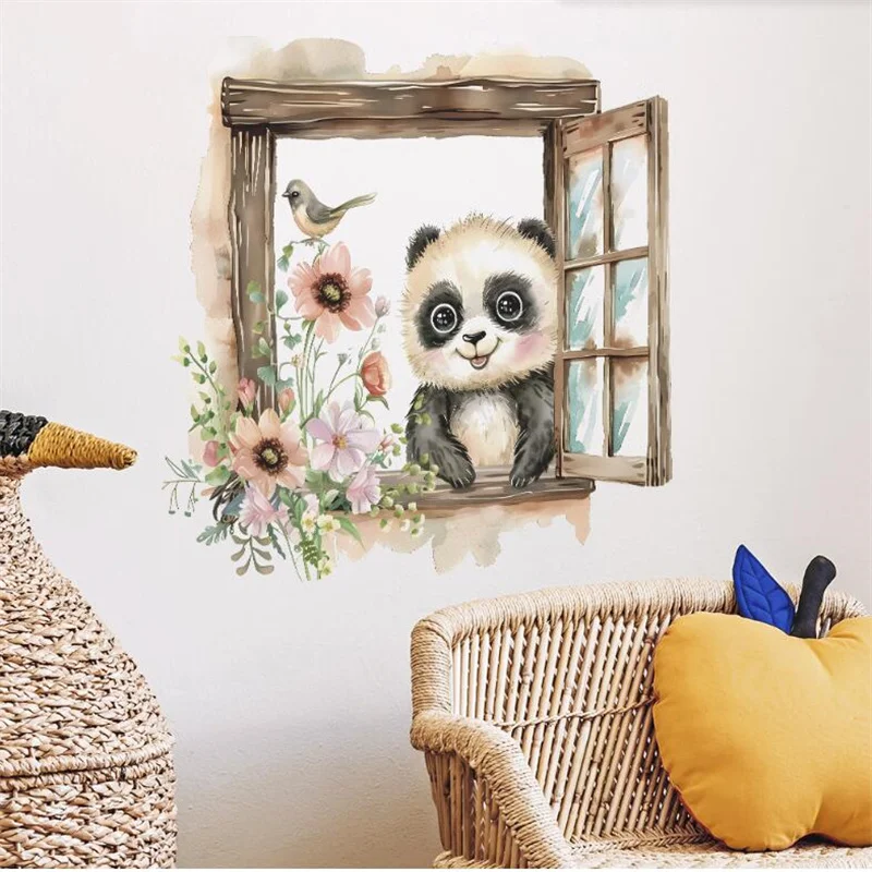 

Creative Fake Window Panda Flower Birds Wall Stickers For Children's Room Kindergarten Home Background Beautification