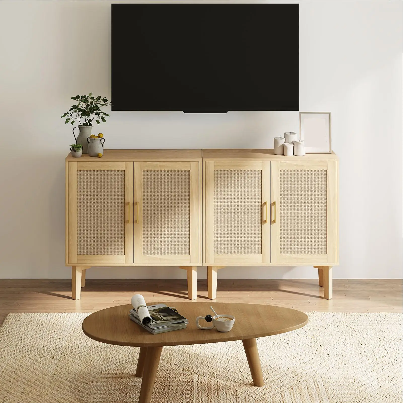 خزانة تخزين الروطان ذات الباب المزدوج الطبيعي، خزانة جانبية متعددة الوظائف مع وسادات قدم مضادة للخدش