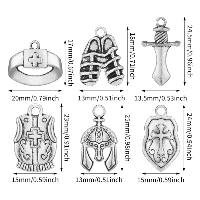 Colgante de aleación de armadura completa para fabricación de joyas DIY, colgante de armadura de casco, cinturón artesanal de Escuela Dominical, temática bíblica, 12 piezas