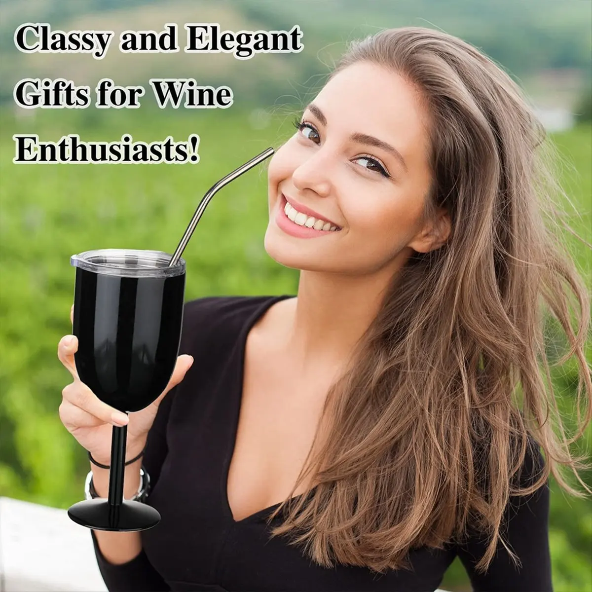 

MALL Stemmed Stainless Steel Wine Glasses with Lid Double Wall Insulated Wine Tumbler Unbreakable Goblets Wine Glasses 10oz A
