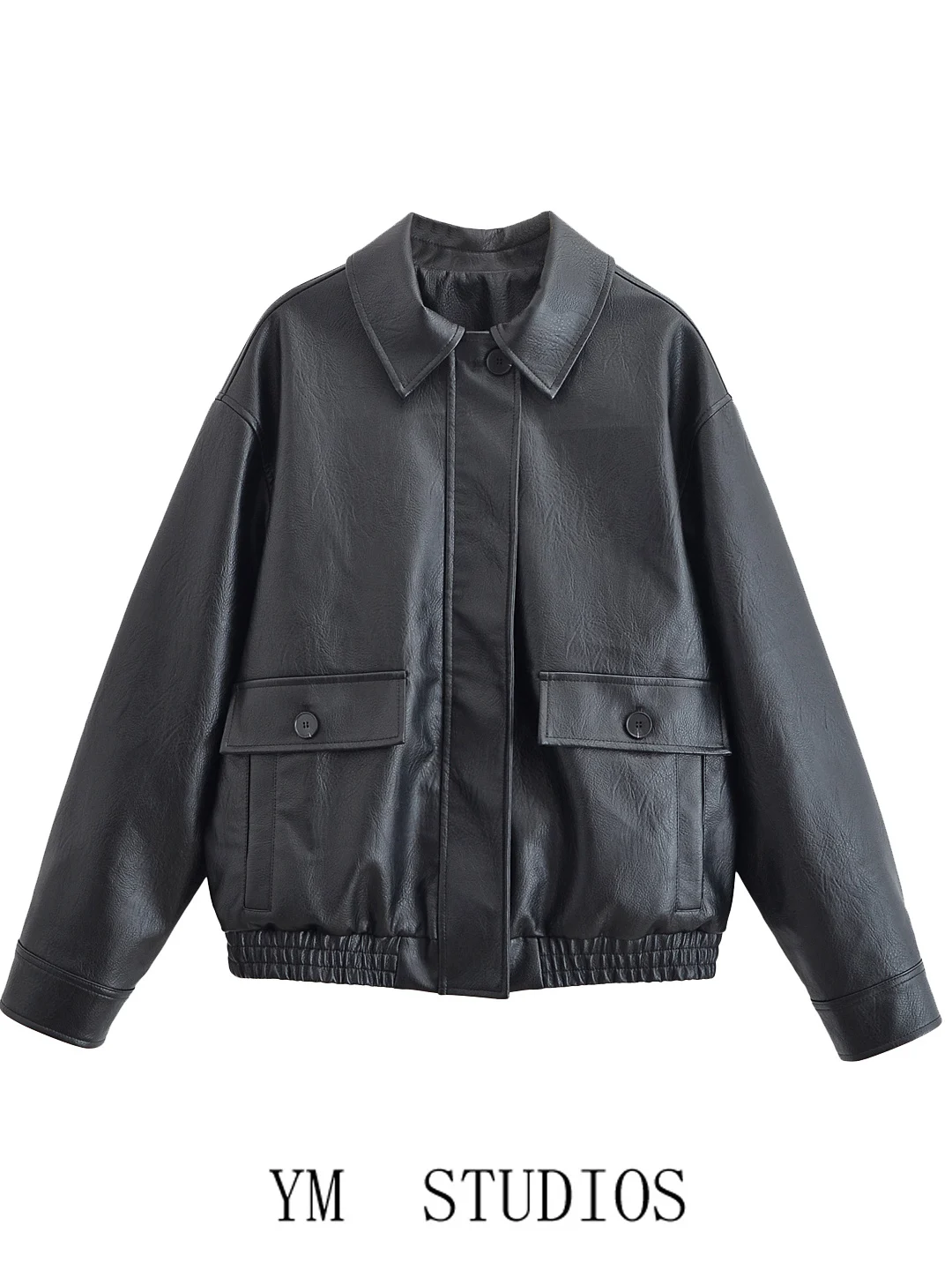 เสื้อแจ็คเก็ตหนังสไตล์นักบินสำหรับผู้หญิงทรงหลวมแบบอเมริกัน สีดำ ตกแต่งกระดุมและซิป  สำหรับฤดูใบไม้ผลิ