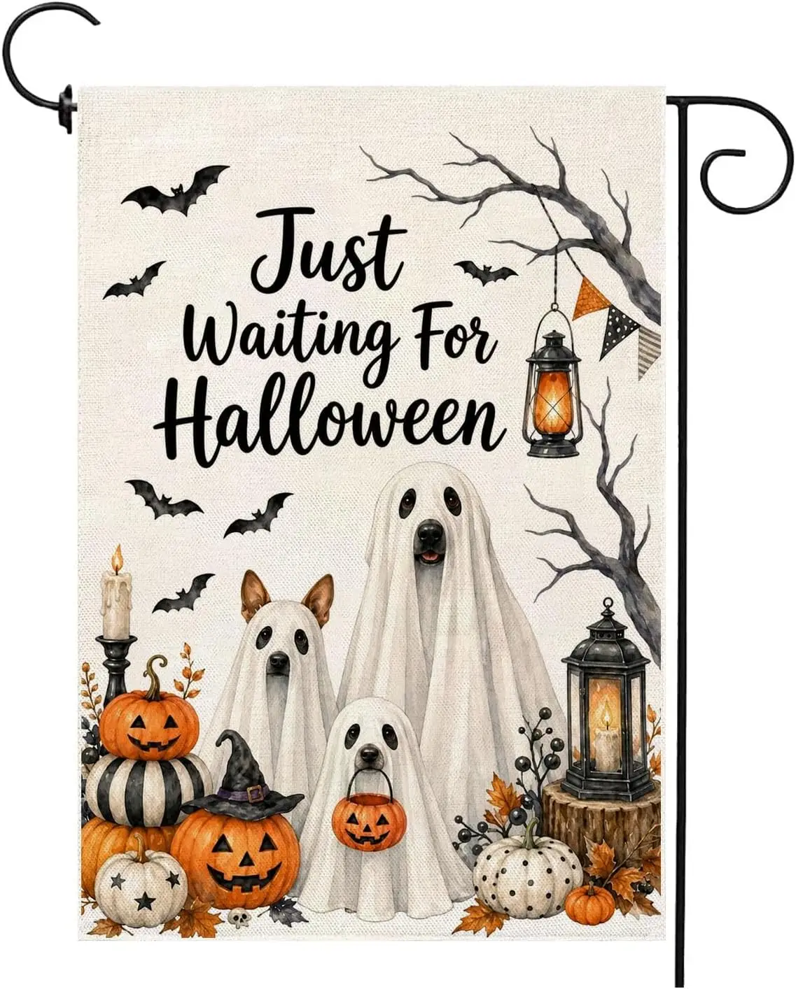 Just Waiting For Halloween Garden Flag 12 x 18 Inch Double Sided Funny Ghost Dogs Holiday Party Yard Outdoor Decorations aaz