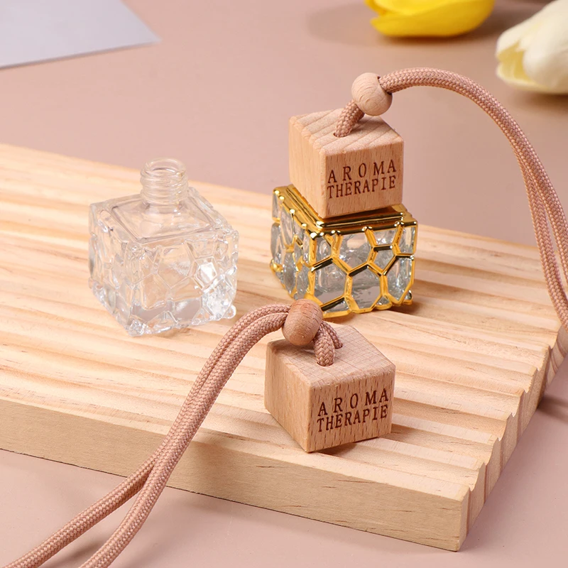 

10ml Square Wooden Cap Car Perfume Bottle For Essential Oils Air Freshener Auto Ornament Car-styling Perfume Pendant