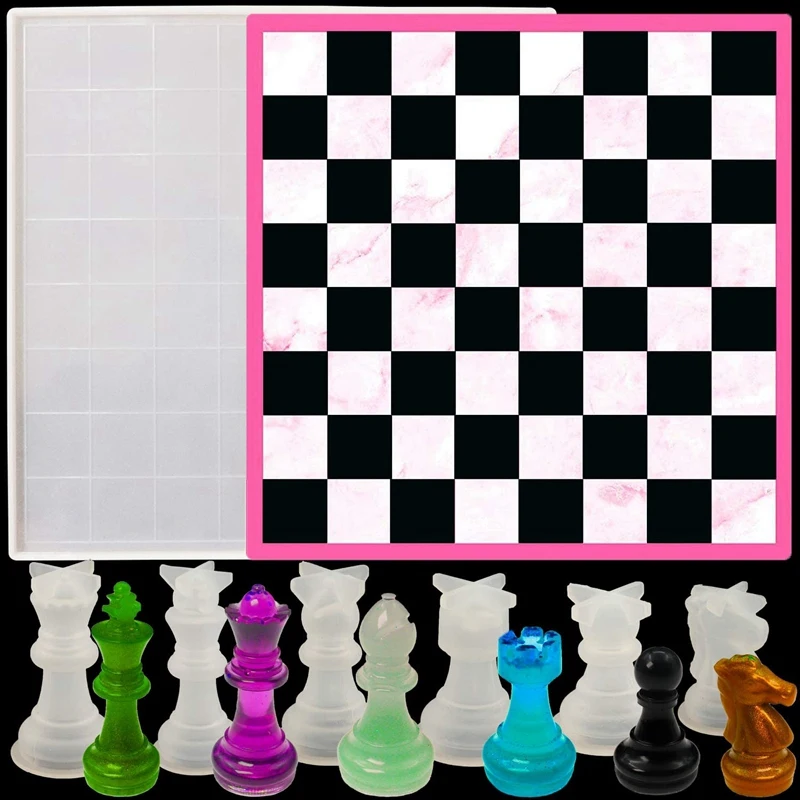 Chess Board Resin Mold Set, 1 Pcs Large Checker Board Epoxy Casting Mold With 6 Pcs 3D Chess Pieces Silicone Molds