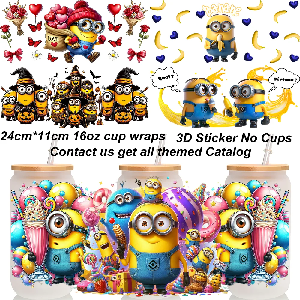 Cute Round Eyed Cartoon Figure UV DTF Cup Wraps 16oz Libbey Glass Can Waterproof Transfer Sticker DIY Tumbler Decor Decals