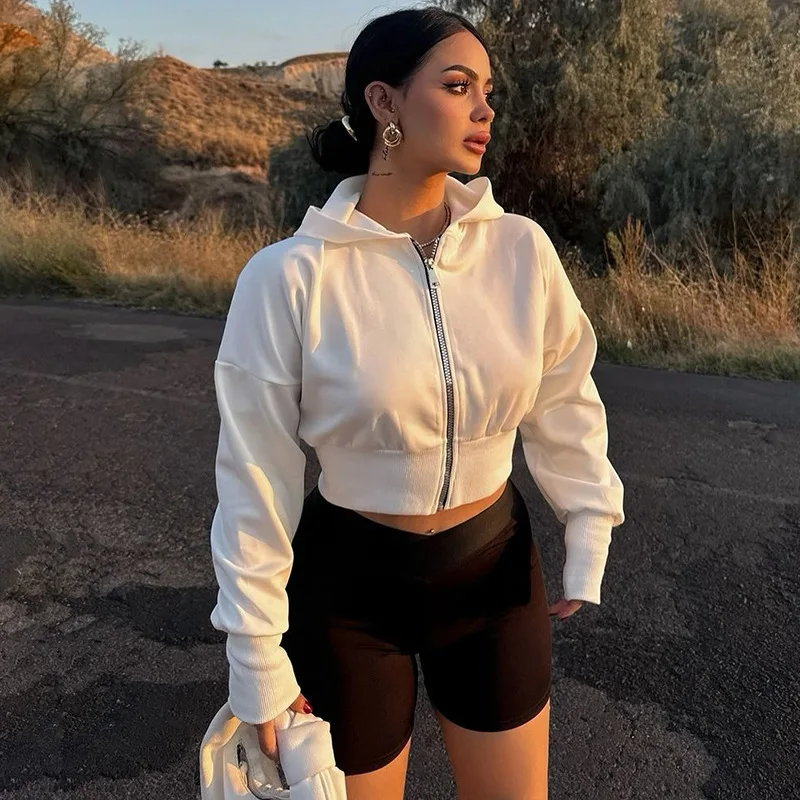 Casual Short Hooded Sweatshirt Women Zip Up Hoodies Mujer Solid Harajuku Long Sleeve Slim Fit Crop Top Female Jackets Coat