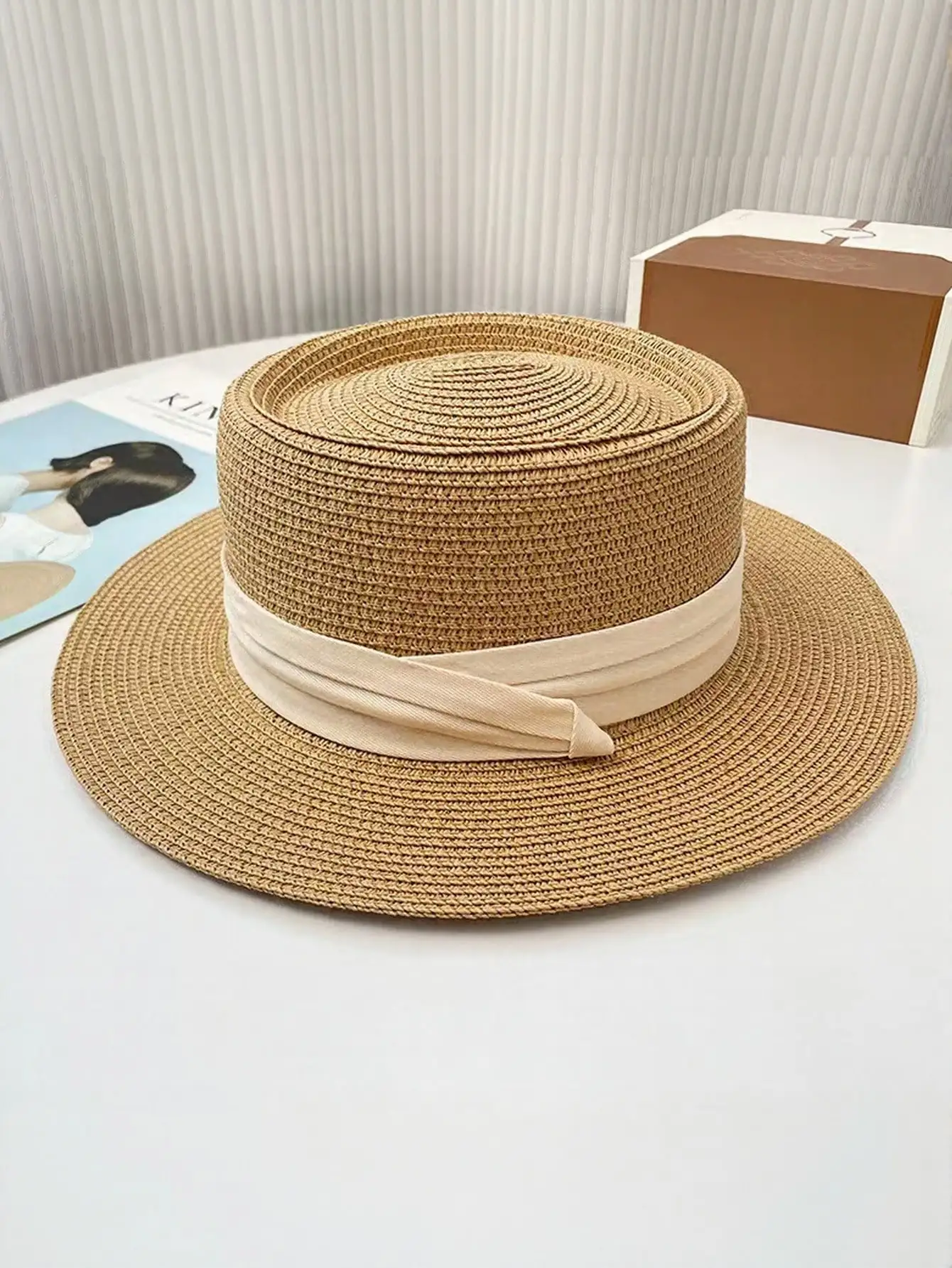 

1pc Women's Wide Brim Sun Hat, Black Ribbon Fashion Straw Hat For Beach,Summer
