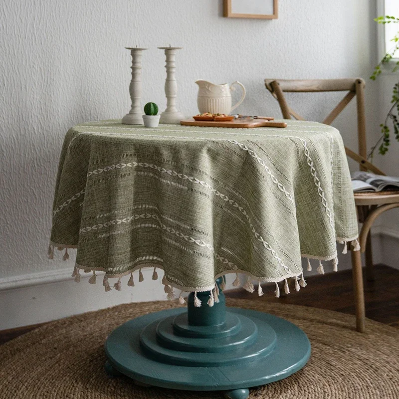 Green Round Tablecloth Striped Embroidered Table Cover Farmhouse Tassel Table Cloth for Table Kitchen Dining Room Tabletop Decor