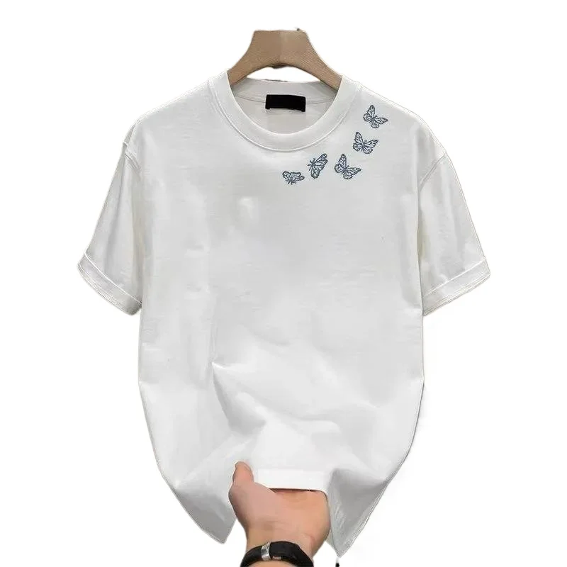 

Men's T-shirt American Retro Style Pure Cotton Butterfly Print Half-sleeve Chinese Trend Off-the-shoulder Loose Five-quarter New