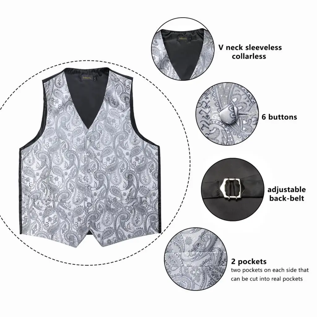 Silver Paisley Suit Vest For Men Wedding Tuxedo Silk Waistcoat Neck Tie Pocket Square Cufflinks Set Men\'s Clothing Blazer Vest