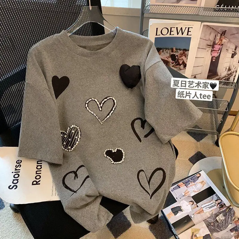 Camisetas de algodón puro gris para mujer, camiseta de decoración de diamantes de imitación, camisetas informales de manga corta, Tops con estampado de amor, ropa de verano para mujer