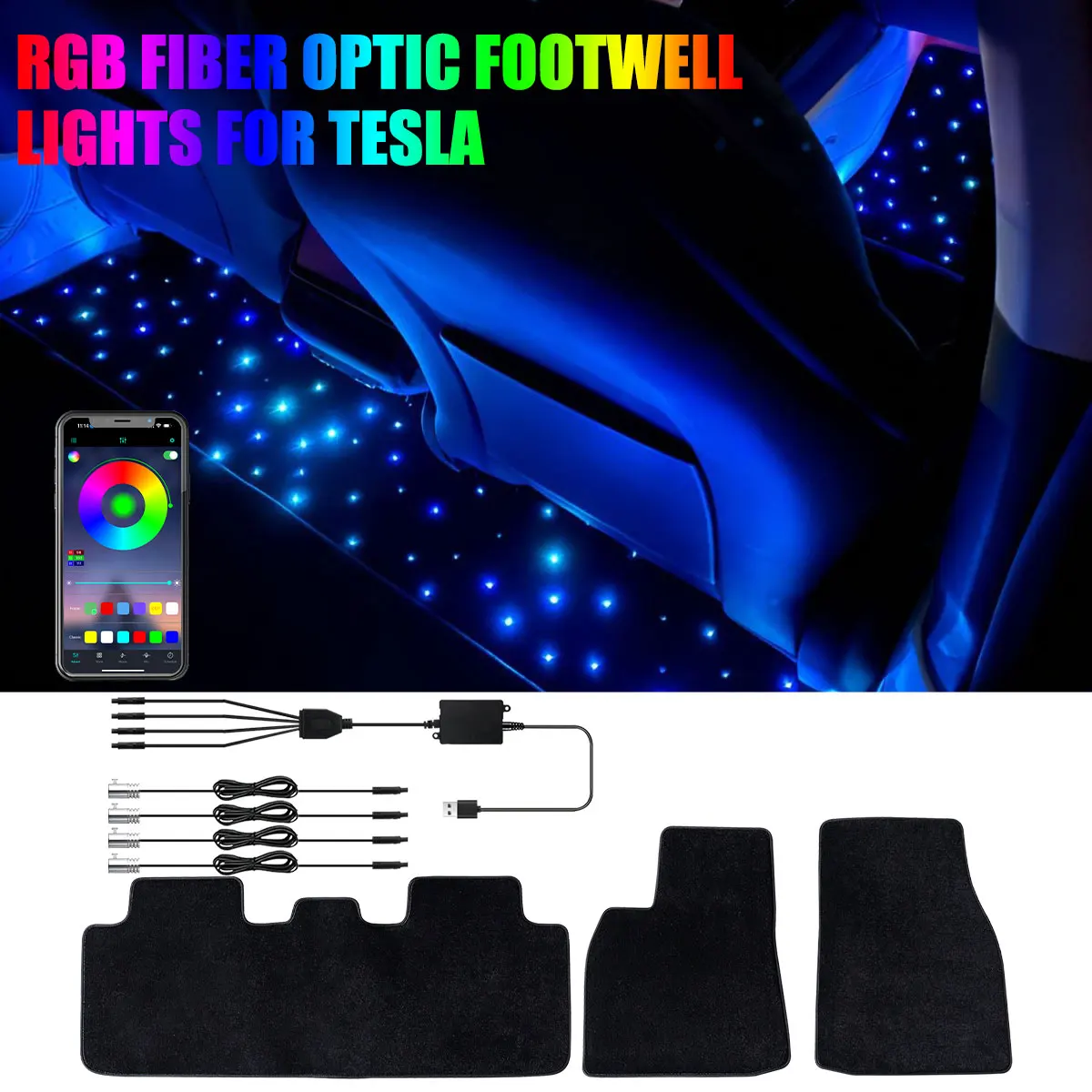 For Tesla Model Y RGB Fiber Optic Twinkle Stars Car Mats WaterProof USB Car LED Rugs APP Decoration Atmosphere Light From 2021