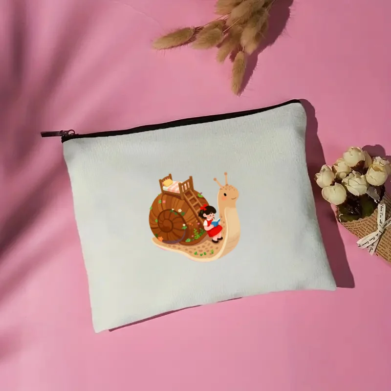 

1PC Snail House Girl Canvas Makeup Bag Double Sided Printed Aesthetic Cartoon Cosmetic Pouch Travel Toiletry Bag