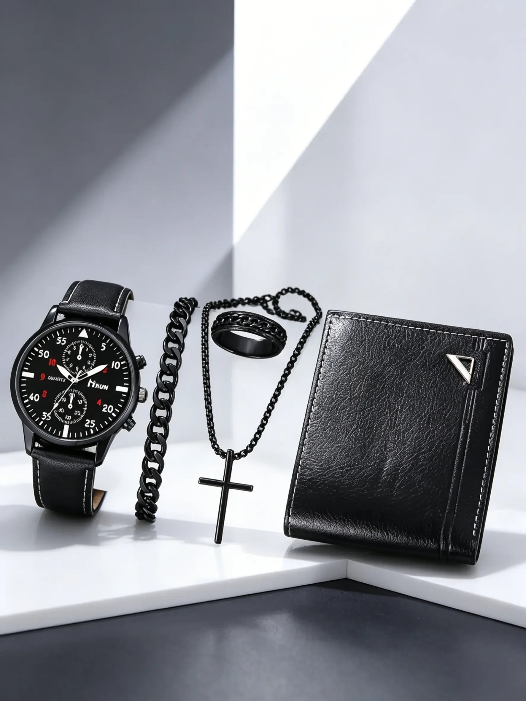 5pcs Men's Analog Quartz Watch Set with Wallet, Necklace, Bracelet, Ring, Perfect Gift for Father's Day, Graduation, Christmas