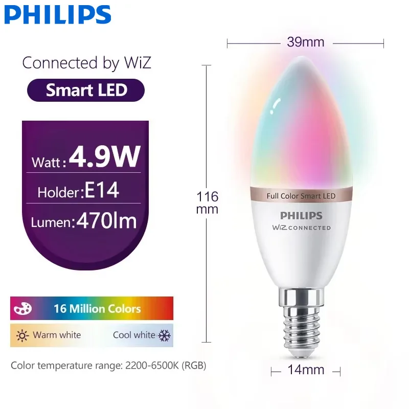 Philips  4.9W Smart LED E14 Candle Light WiZ Wi-Fi & Bluetooth Bulb 220-240V 16 Million Full Color Frosted Dimmable Lamp CRI90