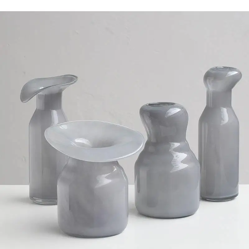Minimalism Gray Hydroponics Glass Vase Decorative Flowers Arrangement Desk Decoration Large Caliber Flower Pots Floral Vases