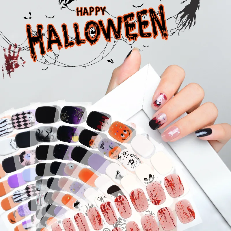 2024 Halloween Semi-cured UV Gel Nail Stickers Pumpkin Skull Full Cover Gel For UV Lamp Gel Nail Strips Press On Nail Decal