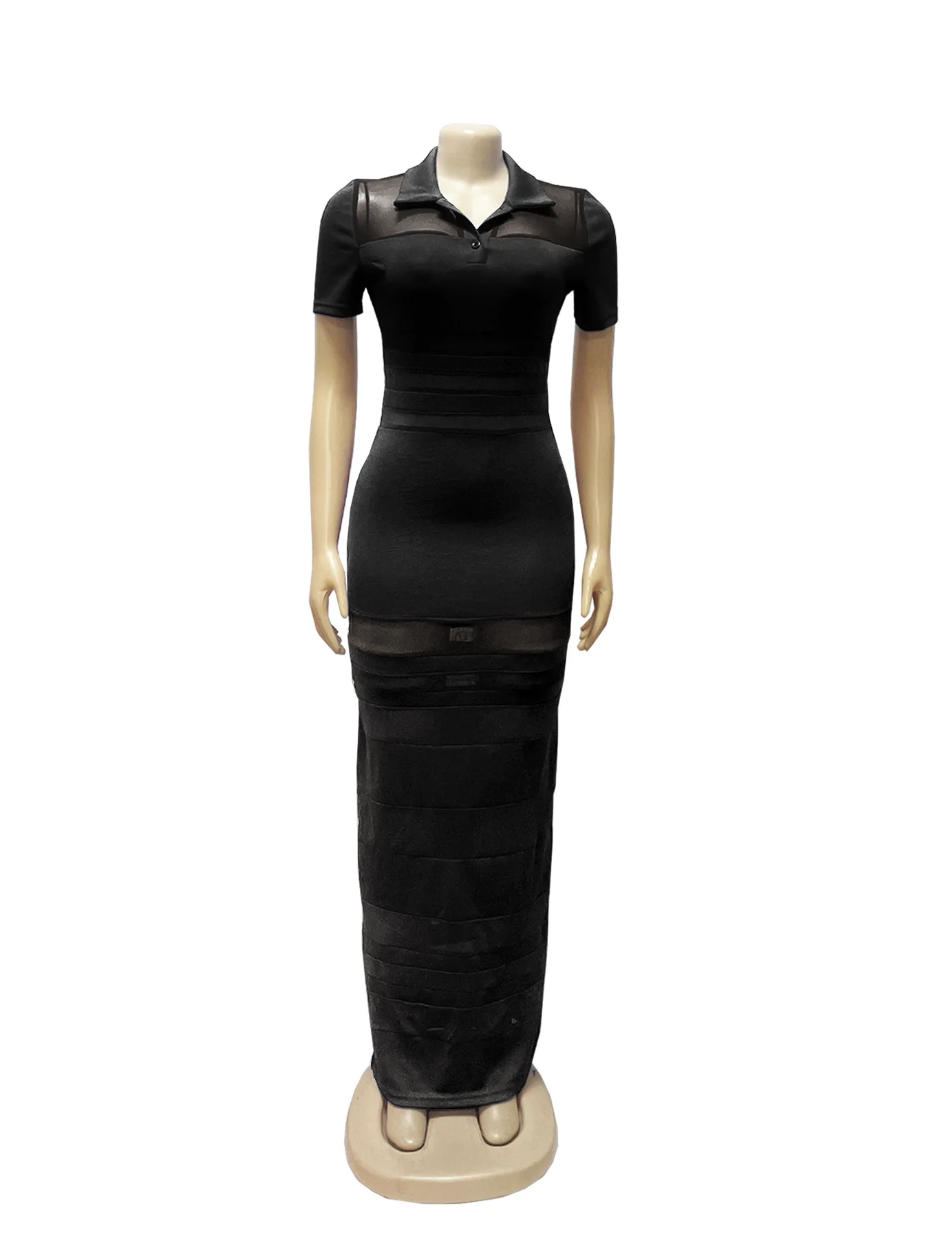Sheer Mesh Patchwork Bodycon Maxi Kleid Frauen Solide Mode Polo-neck Kurzarm Dünne Beiläufige Streetwear Lange Robe vestidos
