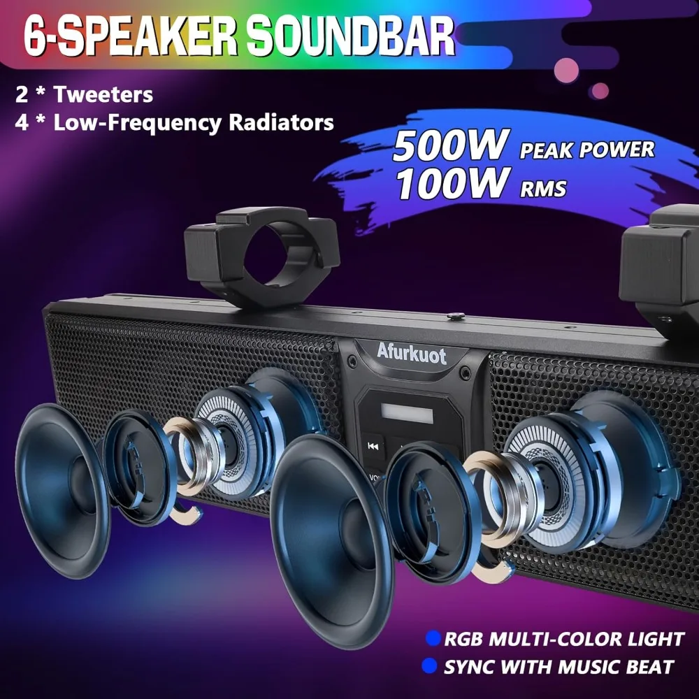 26-Inch UTV Sound Bar, Waterproof Multicolor Music Sync 6-Speaker ATV Golf Cart Sound Bar with Back Light Strip