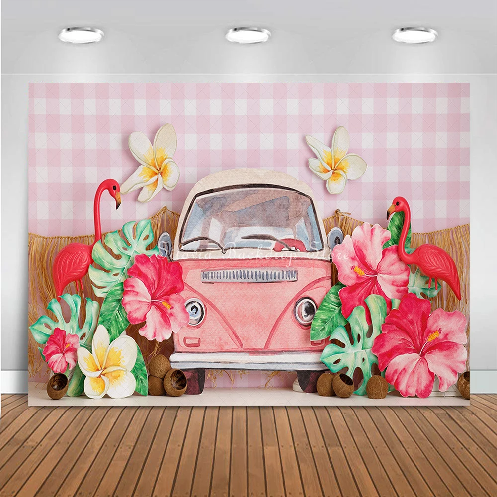 Fond de photo d'été flamant rose rouge pour enfants, toile de fond de photographie Smash, accessoires de studio photo, fleur tropicale, insecte, gâteau d'anniversaire