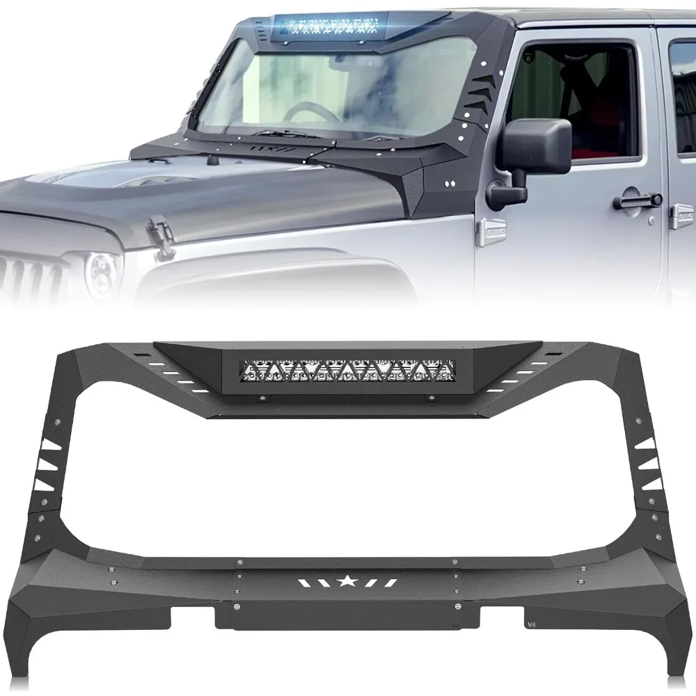 

for Wrangler JK Mad Max Windshield Frame Cover with LED Light Bar Insert Roof Sun Visor Cowl Body Armor Compatible with 2007-201