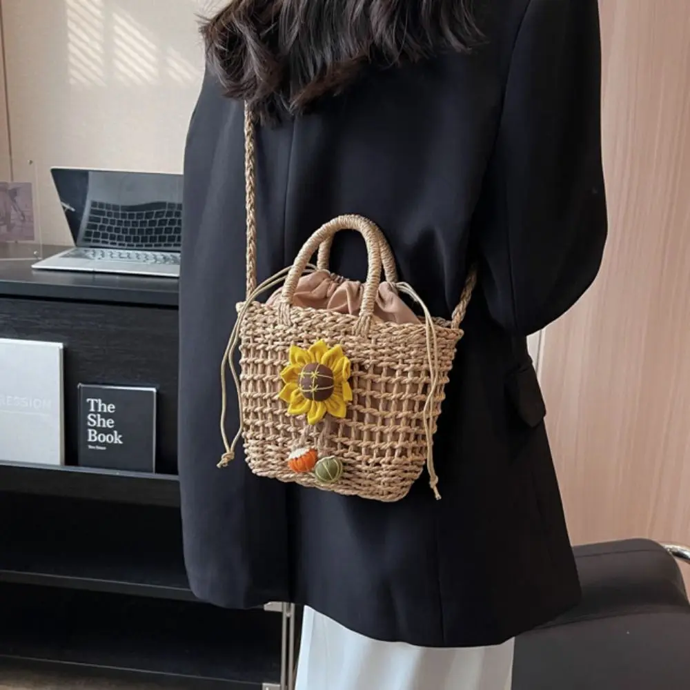 Fairy Cherry Lovely Woven Handbag Sunflower Shoulder Bag Straw Crossbody Bag Hollow Out Cute Summer Bag Girls