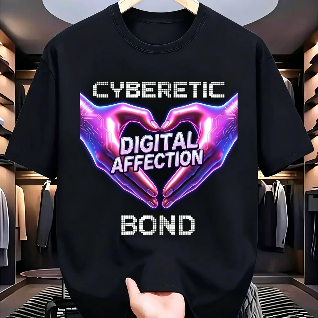 

Men's Black Cotton T-Shirt Cyberetic Bond Digital Affection Neon Hands Heart Print Streetwear Casual Short Sleeve Tee