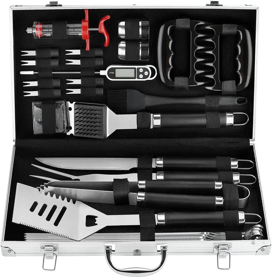 

26PC Premium BBQ Grill Accessories Set with Aluminum Case, Thermometer, Meat Injector for Grilling Gifts