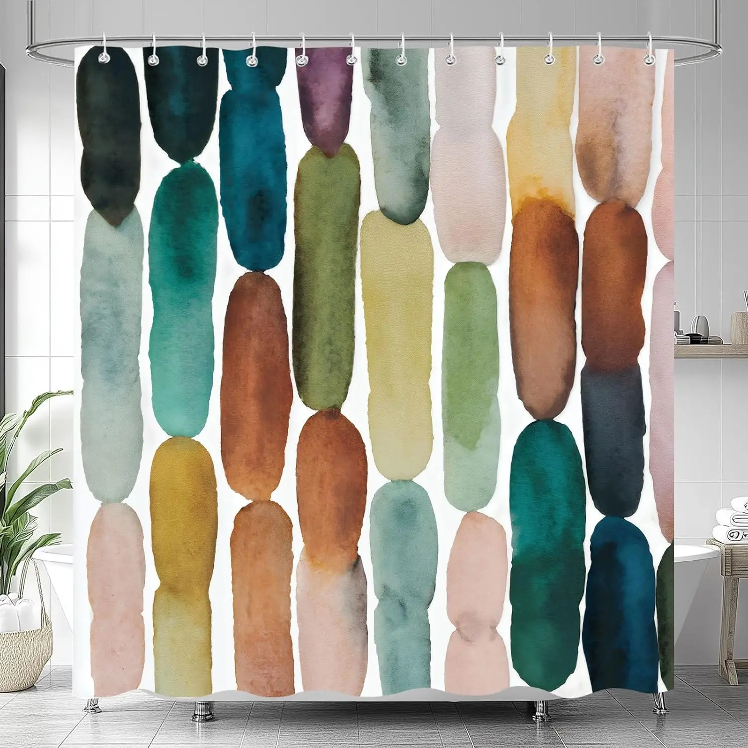

Modern Watercolor Oval Shower Curtain – Abstract Artistic Stripes in Teal, Olive Green & Earth Tones for Stylish Bathroom Decor