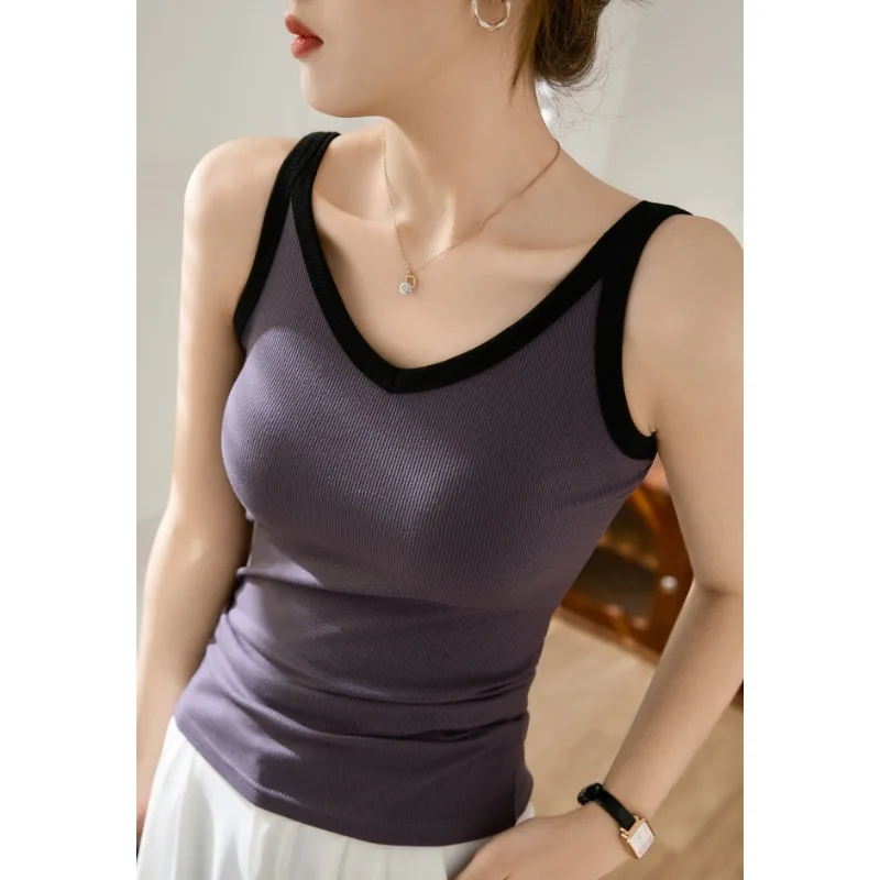 Advanced design V-neck camisole for women's summer outdoor wear, new color blocked high waisted short camisole vest
