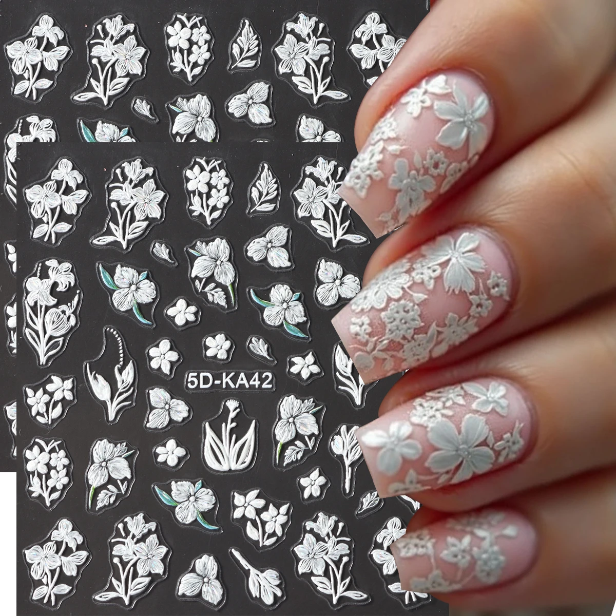 2 قطعة 5D الأبيض تتفتح أزهار زهرة تنقش مسمار الفن ملصقات زهرة الورد فراشة يترك ذاتية اللصق المنزلق الشارات DIY M