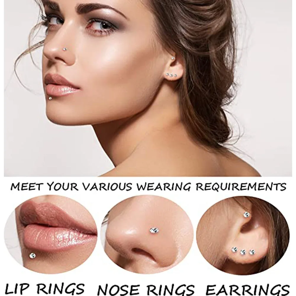 2PCS Rhinestone Plastic Clear Lip Studs 2/3/4/5mm Zircon Tragus Helix Stud Earrings Body Piercing Jewelry For Woman and Man